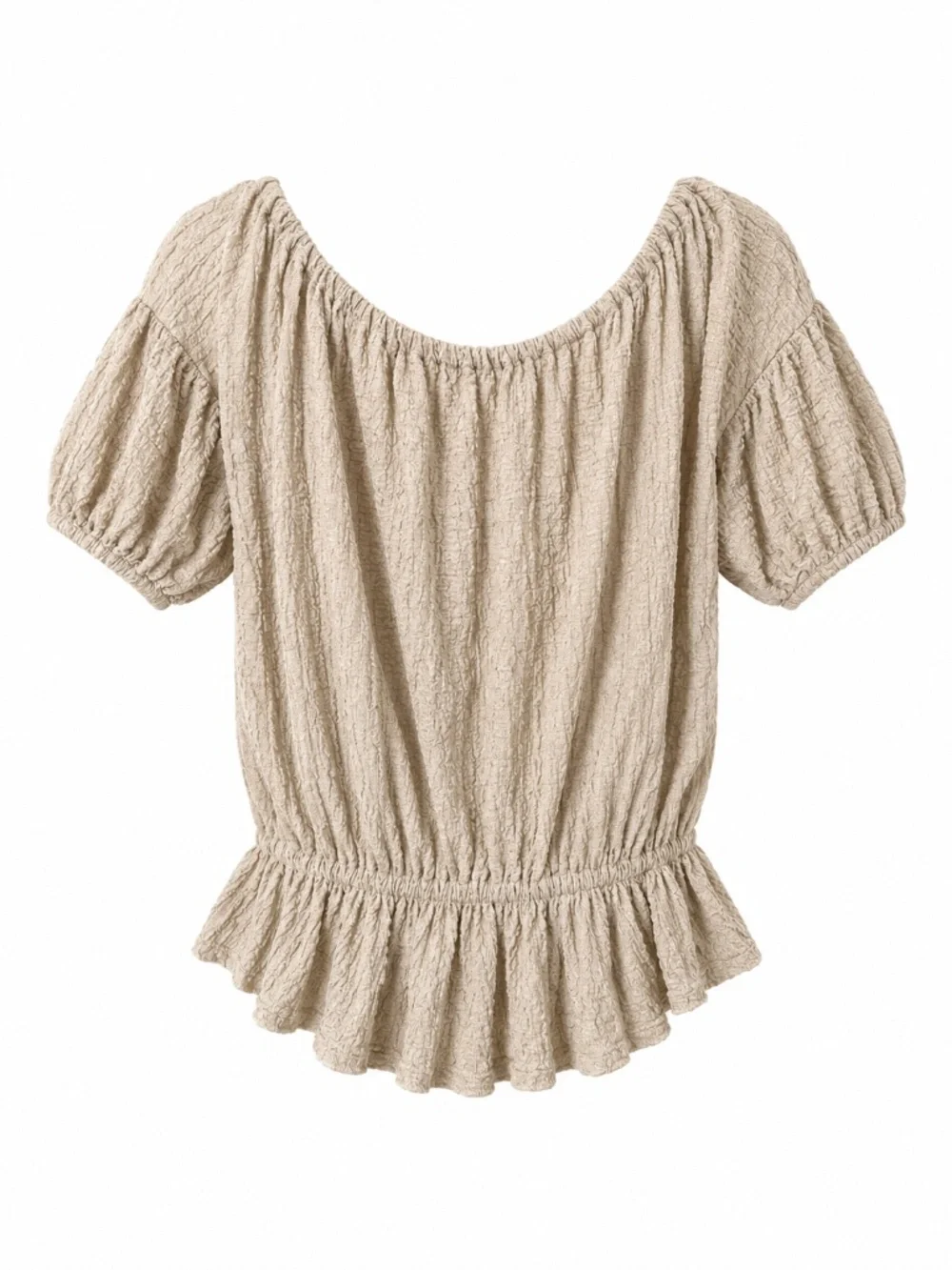 FREE PEOPLE Textured Beige Tan Gauze Off-The-Shoulder Peplum Top Blouse Sz S EUC